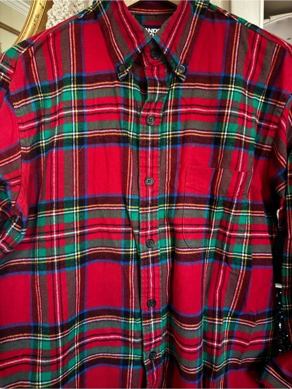 Lands' End Traditional Fit Plaid Flannel Shirt Red & Green Medium